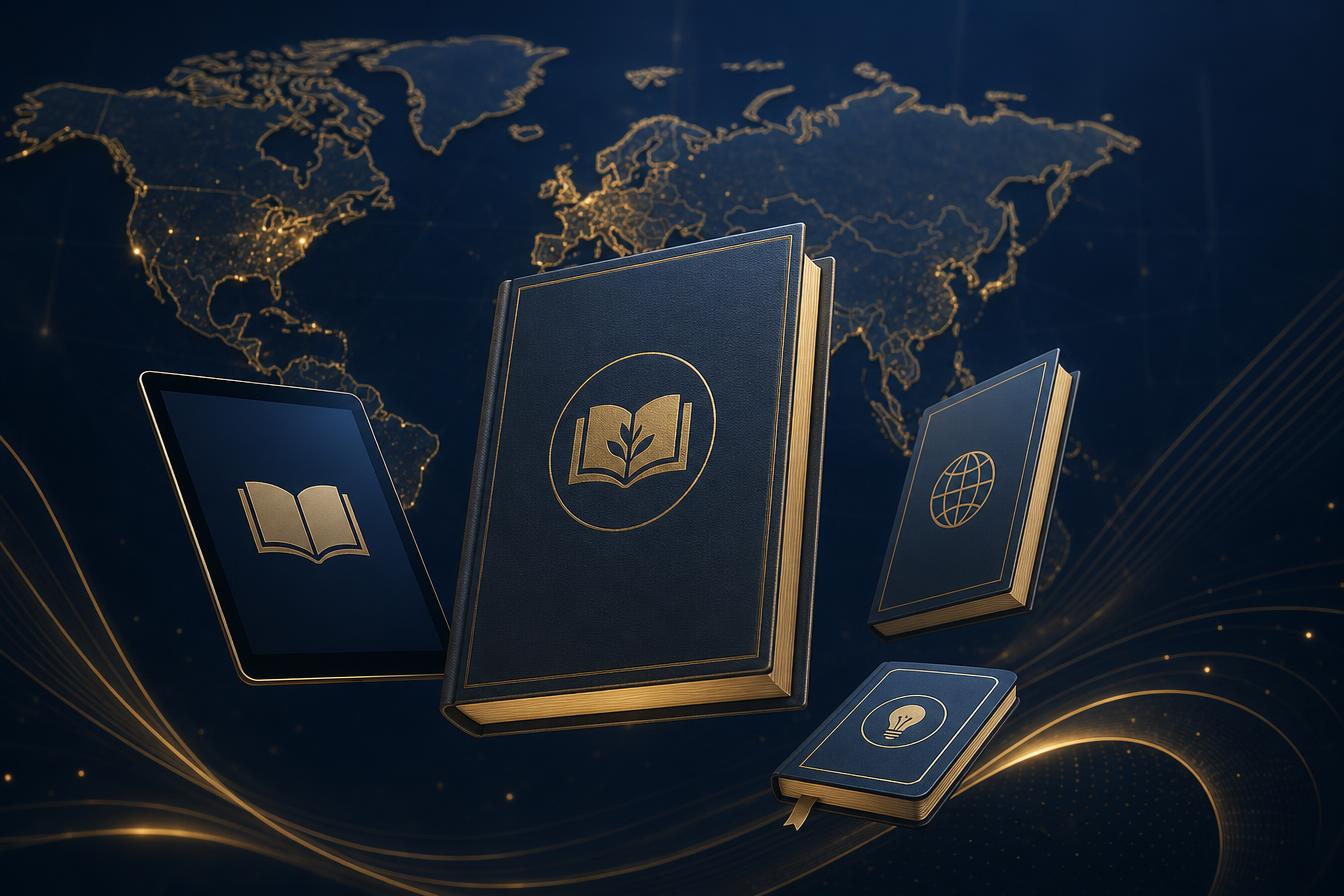 Business books and a world map representing global business education